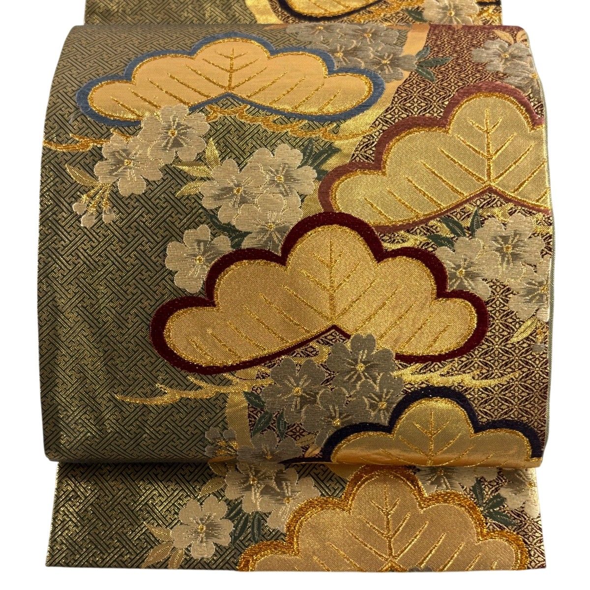 袋帯 秀品 笠松 桜 金糸 箔 灰緑 六通 正絹 【中古】 - メルカリ
