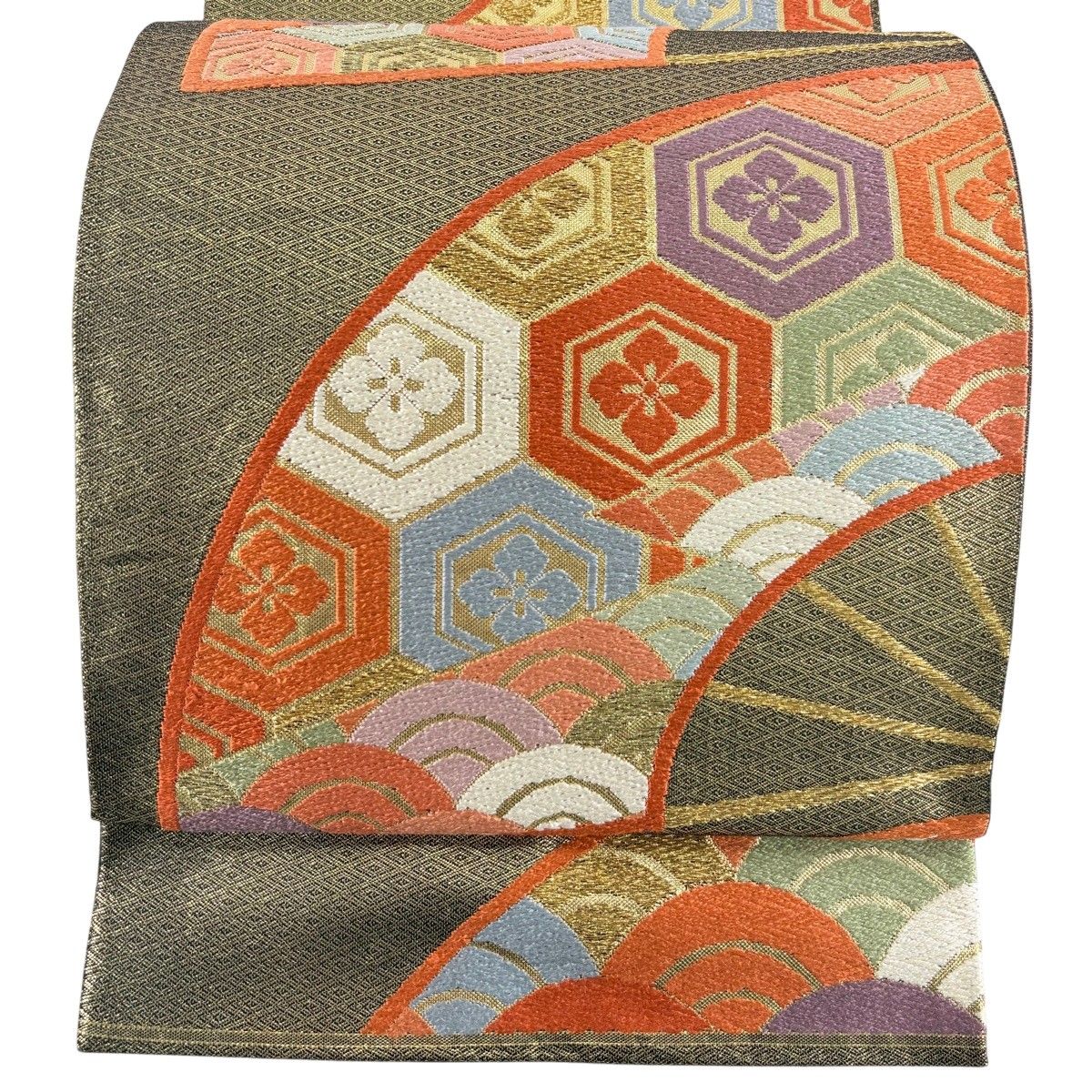 20188y 袋帯 六通柄 麗花扇形文様 金糸 刺繍 着物 袋帯 秀品 関西