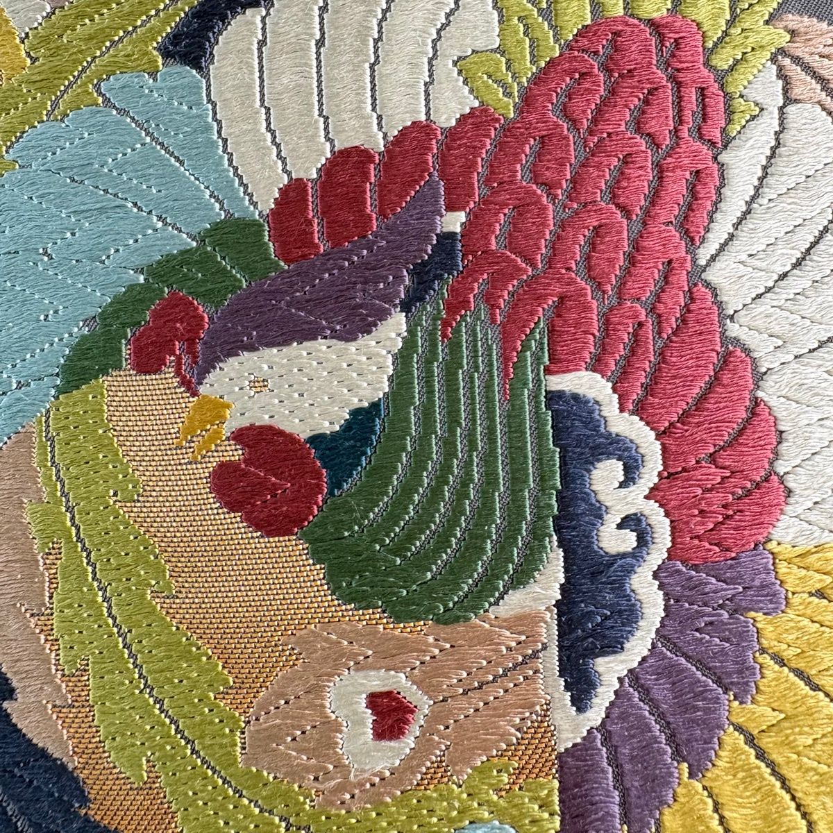 袋帯 秀品 尾長鳥 雲立涌 唐織 焦茶色 六通 正絹 【中古】