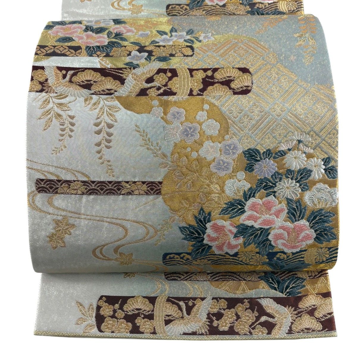 袋帯 正絹 金色ｘ多色 亀甲に花鳥文 金糸 六通柄 礼装 フォーマル 長さ435cm【中古】 【キモノオフ野々市若松店】 袋帯 美品 秀品 蜀江文 花鳥 金糸 箔 青灰色 六通 正絹 中古 在庫一掃