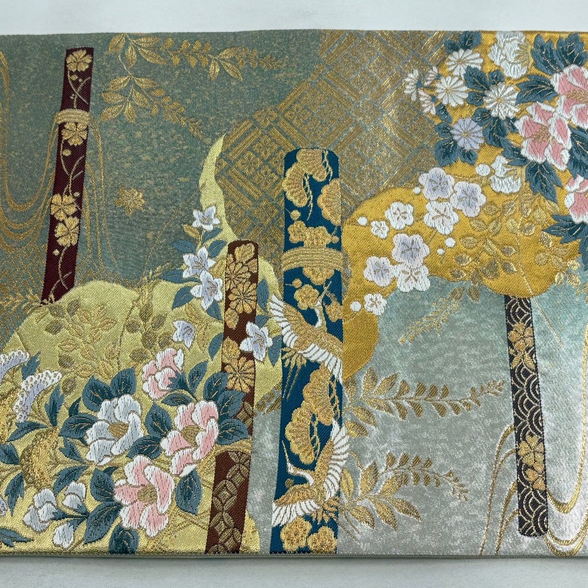 美品】 袋帯 秀品 花鳥 道長取 金糸 刺繍 銀色 六通 正絹 【中古