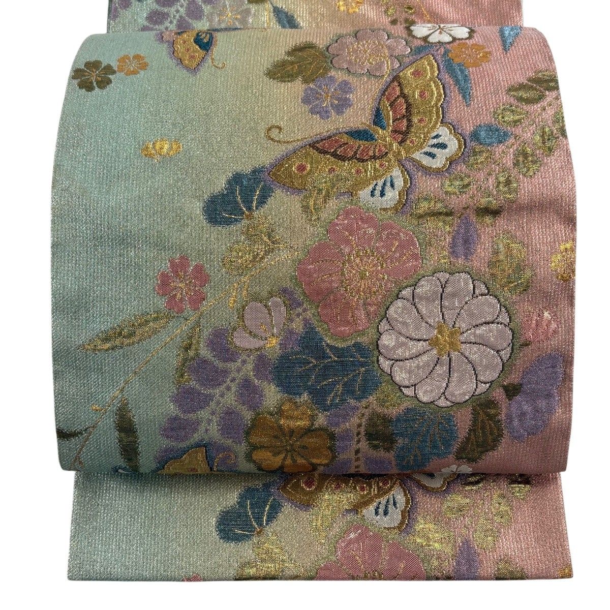 袋帯 正絹 金糸銀糸 パステル系 花々文様 緑色ｘピンク色 刺繍入り 六通柄 フォーマル 礼装 長さ440cm【中古】 【キモノオフ野々市若松店】 美品】 袋帯 秀品 蝶 桜 箔 金糸 薄ピンク 六通 正絹 【中古】 - メルカリ