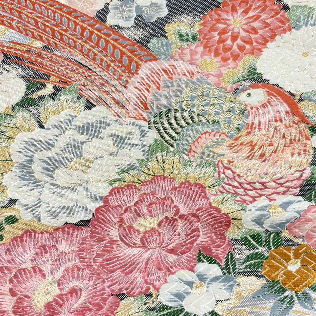 袋帯 秀品 となみ織物 落款 鳥 草花 刺繍 箔 クリーム 六通 正絹