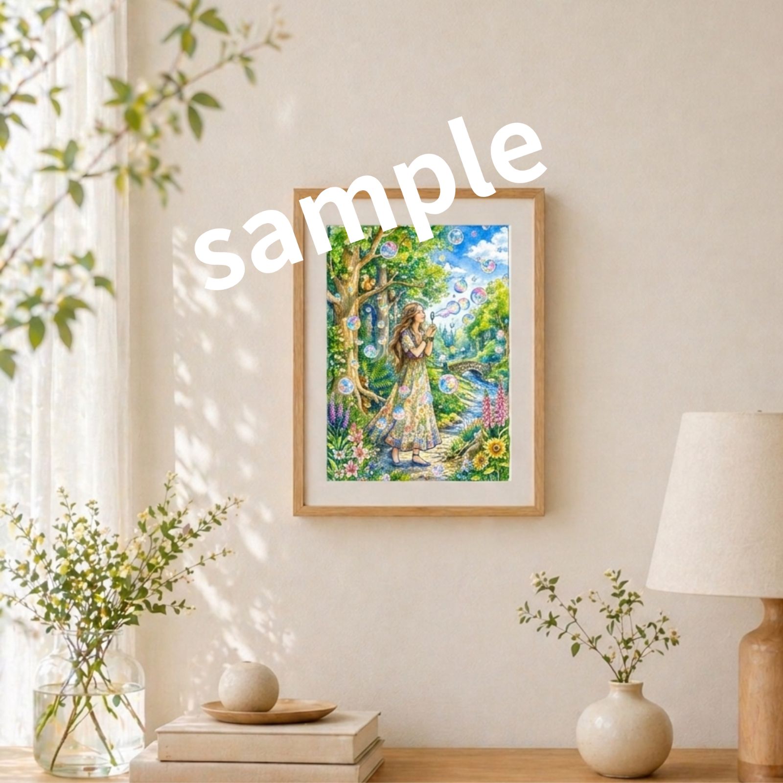 水彩画風アート「森に浮かぶ夢の泡」心が整う幻想的な癒やし 風景画 A4