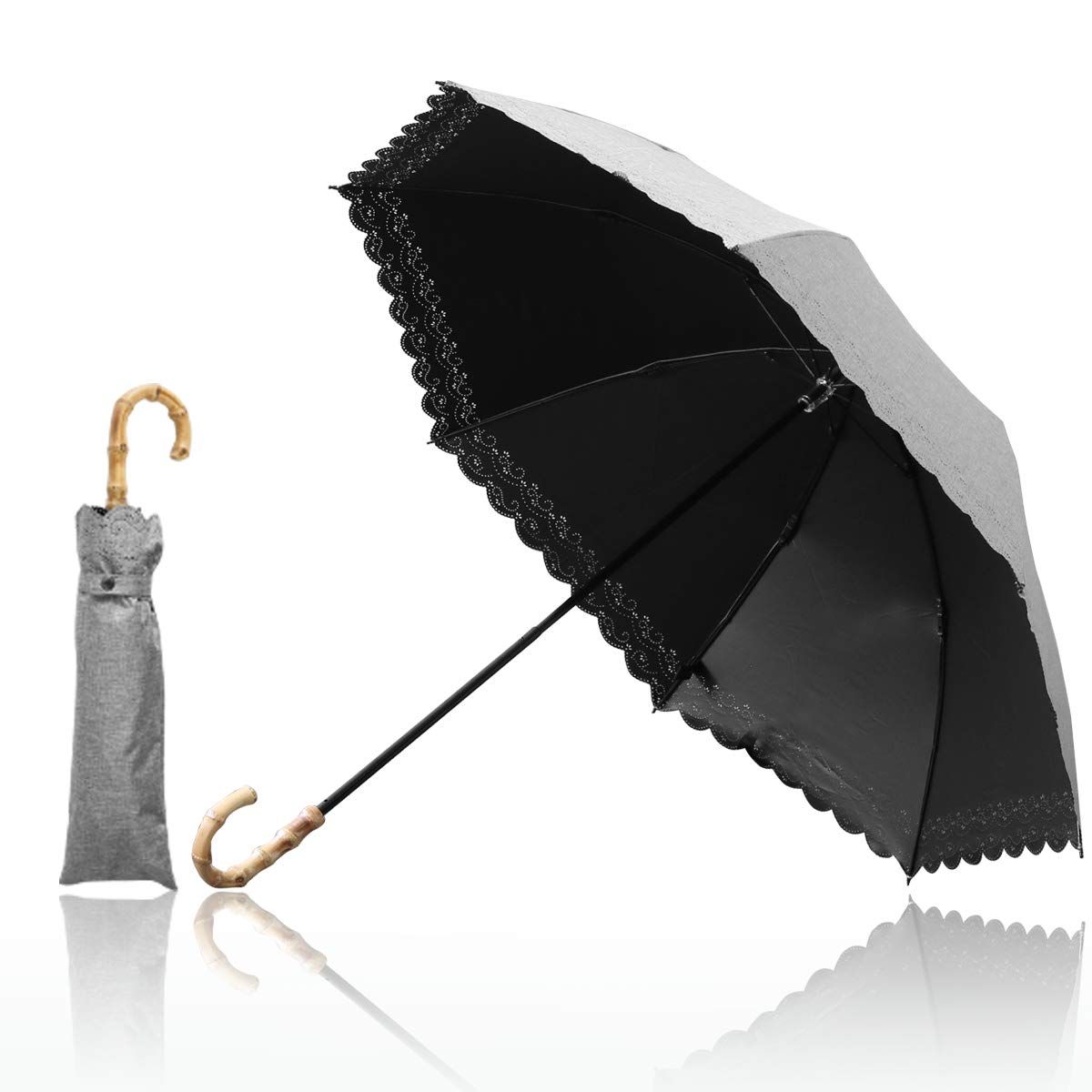 FIELDOOR Ombrage 完全遮光 2段式 折りたたみ 日傘 親骨50cm 晴雨兼用 【パンチング/ダンガリー生地(グレー)】 スチールシャフト UVカット UPF50+ 紫外線対策 遮熱加工 グラスファイバー 梅雨 超撥水