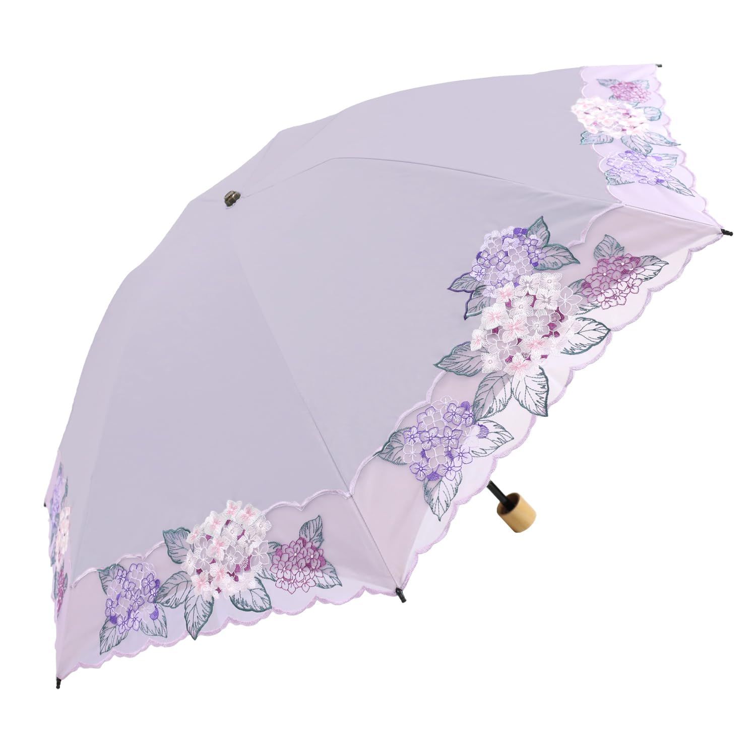 [シノワズリーモダン]日傘 折りたたみ レディース１級遮光 UVカット 晴雨兼用 カットワーク刺繍 オーガンジー 3段折りたたみ 軽量 紫陽花刺繍 (ラベンダー)