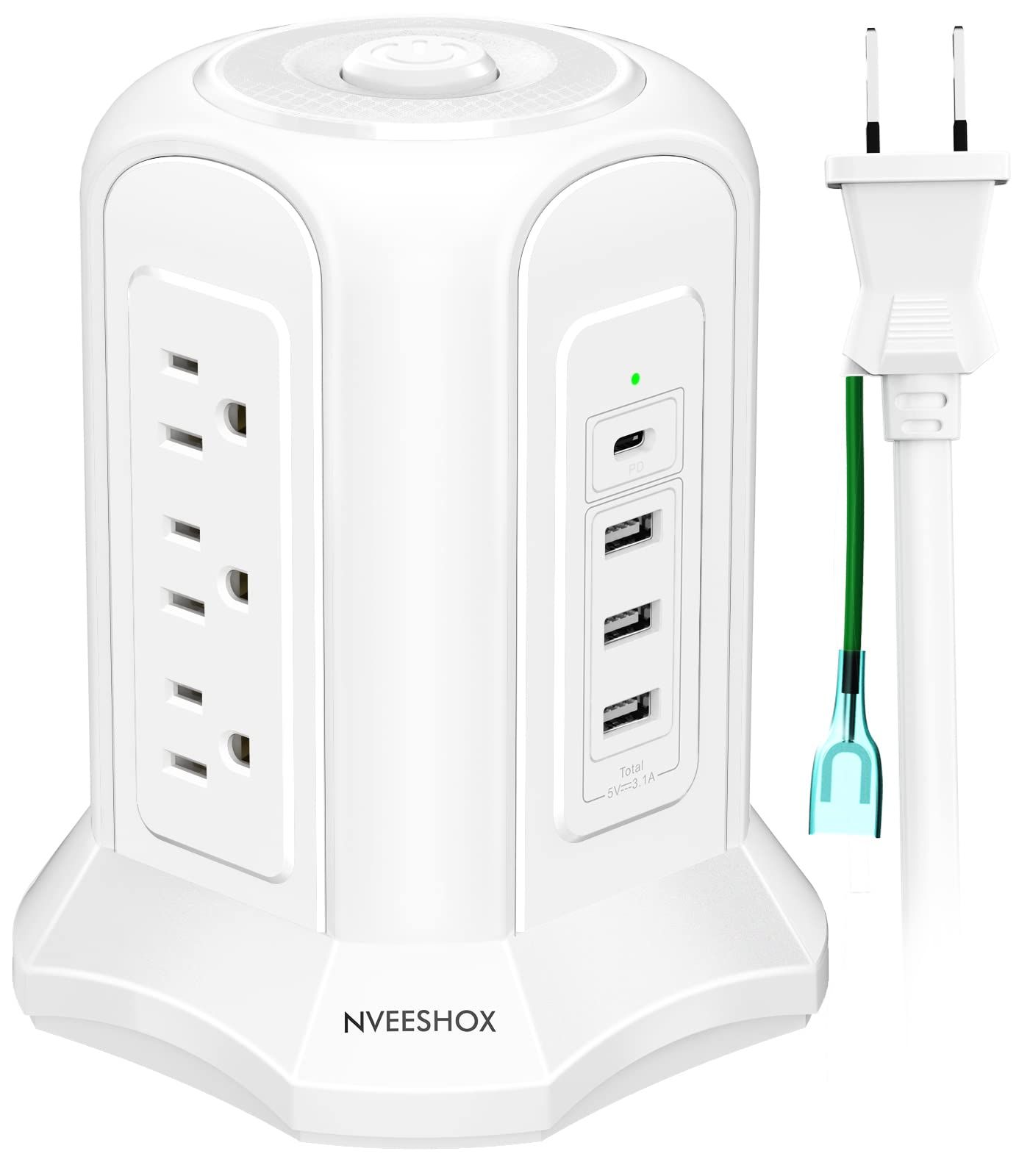 NVEESHOX 電源タップ タワー型 コンセントAC 9個口 USB 3ポート(最大3.1A/5V)1500W 入力100V-125V+1Type-C USB PD 18W 延長コード2m 雷ガード 過負荷保護 省エネ急速充電 職場用 家庭用 ホワイト