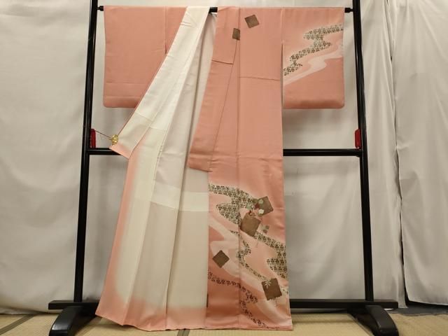平和屋着物■訪問着　駒刺繍　組み紐文様　暈し染め　正絹　逸品　AABI6377st 平和屋着物□訪問着 駒刺繍 流水花文 暈し染め 金銀彩 金糸 正絹 逸品