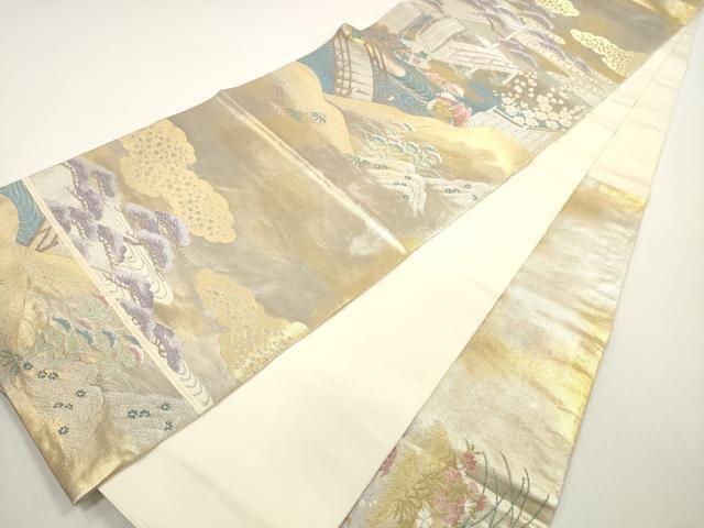 平和屋着物＊夏物　六通柄袋帯　流水扇面草葉文　金銀糸　正絹　逸品　DABA0692cm 平和屋着物＊夏物 六通柄袋帯 流水扇面草葉文 金銀糸 正絹 逸品