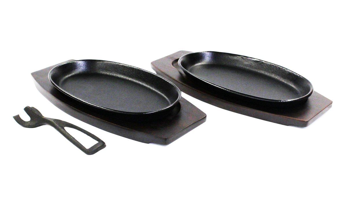 新着商品 アサヒ ステーキ皿(IH対応) サイズ:230×135×23mm 鋳鉄製 2枚入 ハンドル付 ステーキ皿(木枠付き) 業務用使用品