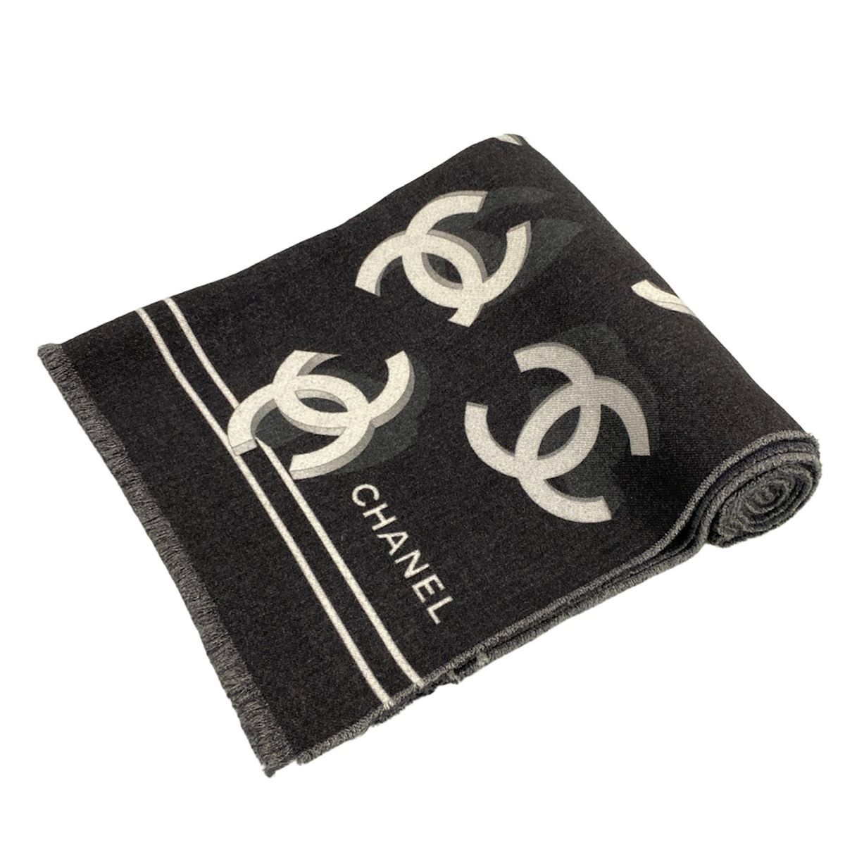 CHANEL(シャネル) マフラー 黒×グレー×白 ココマーク ウール - メルカリ