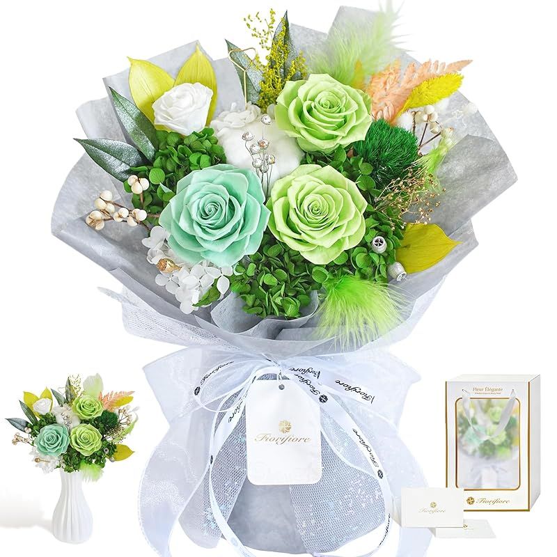 【新品】 Fiorifiore 母の日 プリザーブドフラワー ブーケ 4輪 薔薇花束 自立式 ギフトボックス付き 誕生日 結婚祝い プレゼントに最適 インテリアドライフラワー Verdelyn 0