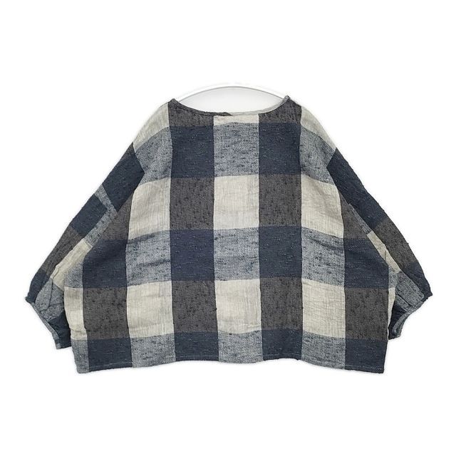 tumugu ワイド ネップ TB14301 チェック ブラウス シャツ グレー ネイビー ベージュ レディース ツムグ【中古】6-0409M∞ tumugu ワイド ネップ TB14301 チェック ブラウス シャツ グレー