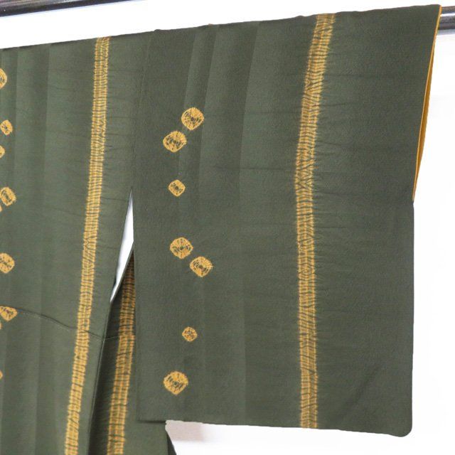 小紋 着物 中古 正絹 袷 カジュアル 絞り染め 老緑色 黄土色 身丈155.5cm 裄63.5cm SA きもの北條 A1352-3 小紋 着物 中古 正絹 袷 カジュアル 絞り染め 老緑色 黄土色 身丈155.5