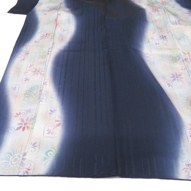 特選 小紋 着物 中古 正絹 袷 カジュアル 花模様 地模様 濃紺色 多色 身丈162cm 裄65cm M きもの北條 A1352-8 特選 小紋 着物 中古 正絹 袷 カジュアル 花模様 地模様 濃紺色 多色