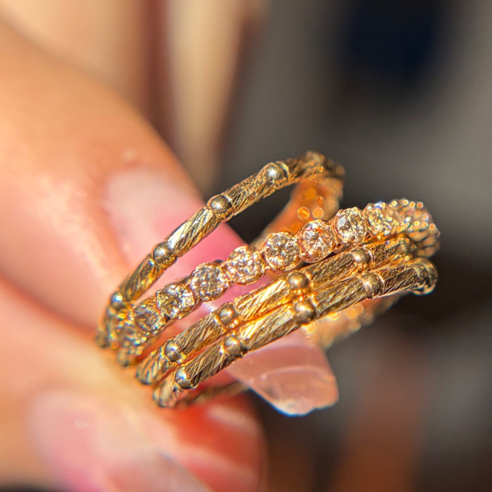 買取店】K18 0.55ct ダイヤモンド 4連風 形状記憶 フリーサイズリング 