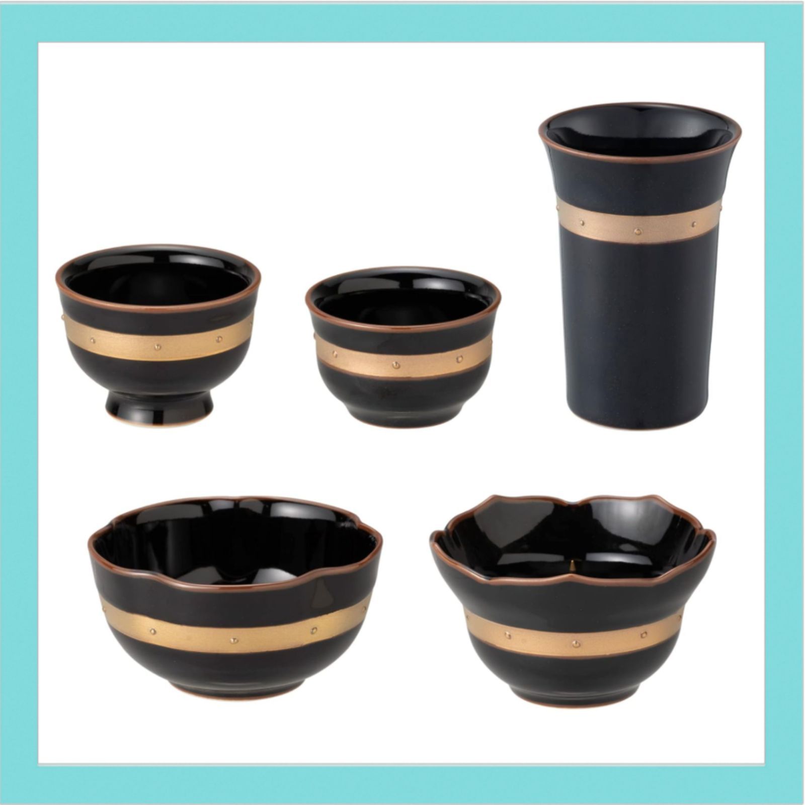 【新品未使用✨】サンメニー 有田焼 仏具 5点セット◇無地 黒 本格 日本製 インテリア お花 お仏壇 静凛 黒 金ライン フラワースタンド キャンドルスタンド インセンスホルダー タンブラー 有田焼(陶器) 花立 灯立 香炉 茶湯器 仏器 ct0001