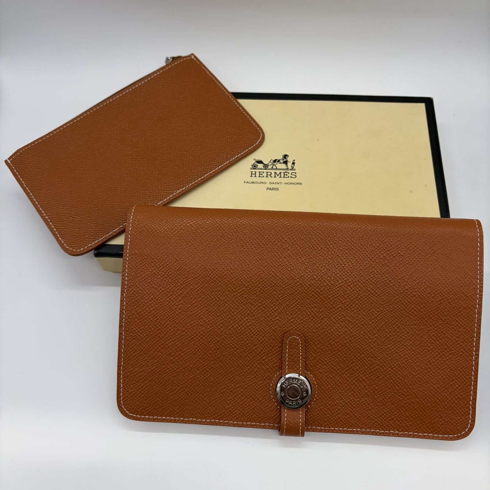 極美品！HERMES エルメス ドゴン GM デュオ オレンジ レザー長財布 