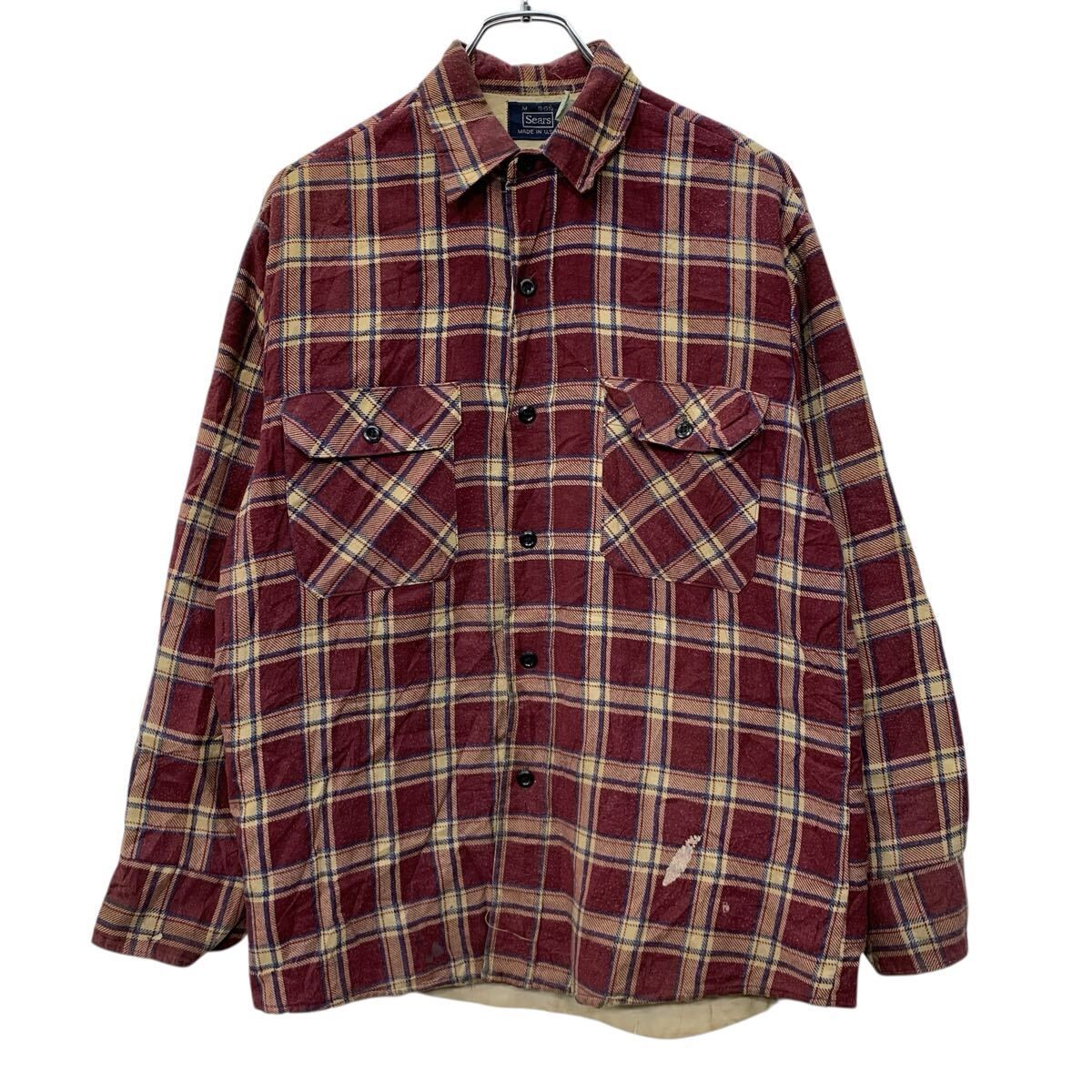 80s USA製 Sears 長袖 フランネルシャツ M レッド シアーズ ボタン 胸 