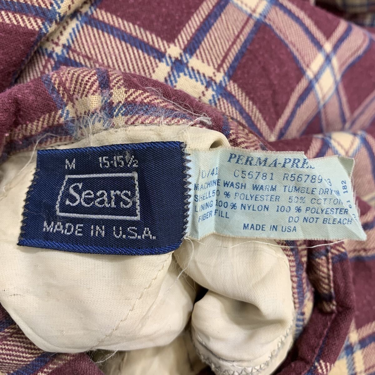 80s USA製 Sears 長袖 フランネルシャツ M レッド シアーズ ボタン 胸 