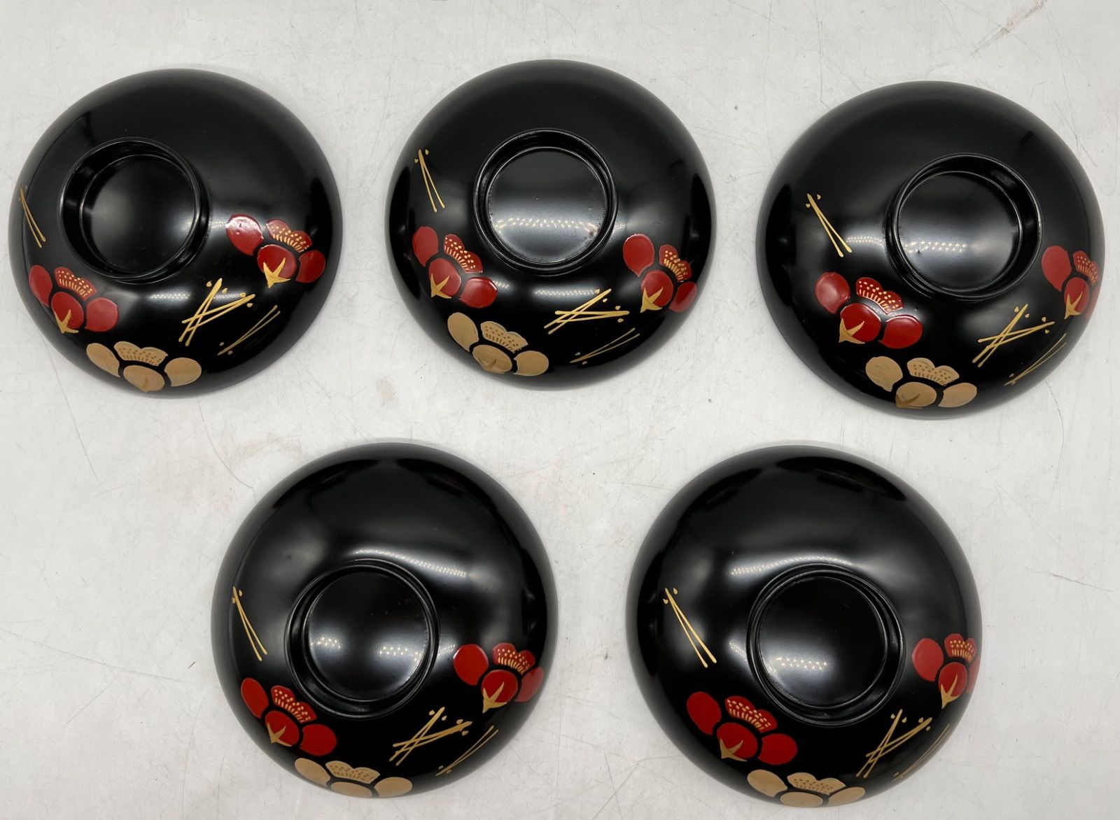 ✿山中漆器✿ 蓋付お椀 5客 漆塗 紅梅白梅松金彩 重峰謹製 山中塗 蓋付
