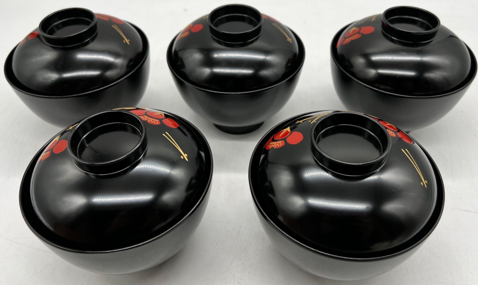 ✿山中漆器✿ 蓋付お椀 5客 漆塗 紅梅白梅松金彩 重峰謹製 山中塗 蓋付 ✿山中漆器✿ 蓋付お椀 5客 漆塗 紅梅白梅松金彩 重峰謹製 山中塗 蓋付