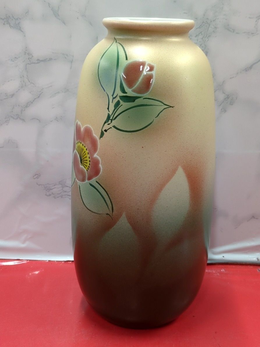 九谷釜 九谷焼 万作 花瓶 花器 色絵 花文 共箱付き 陶器 (高さ約26cm