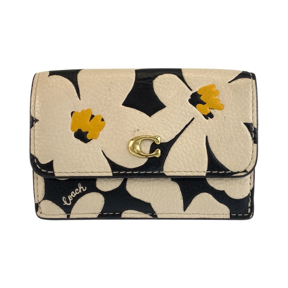 美品 COACH コーチ フローラル プリント エッセンシャル ミニ トライフォールド ウォレット ブラック ホワイト ゴールド金具 レザー 折り財布 コンパクトウォレット レディース 601992 【中古】 美品 COACH コーチ フローラル プリント エッセンシャル ミニ トライ