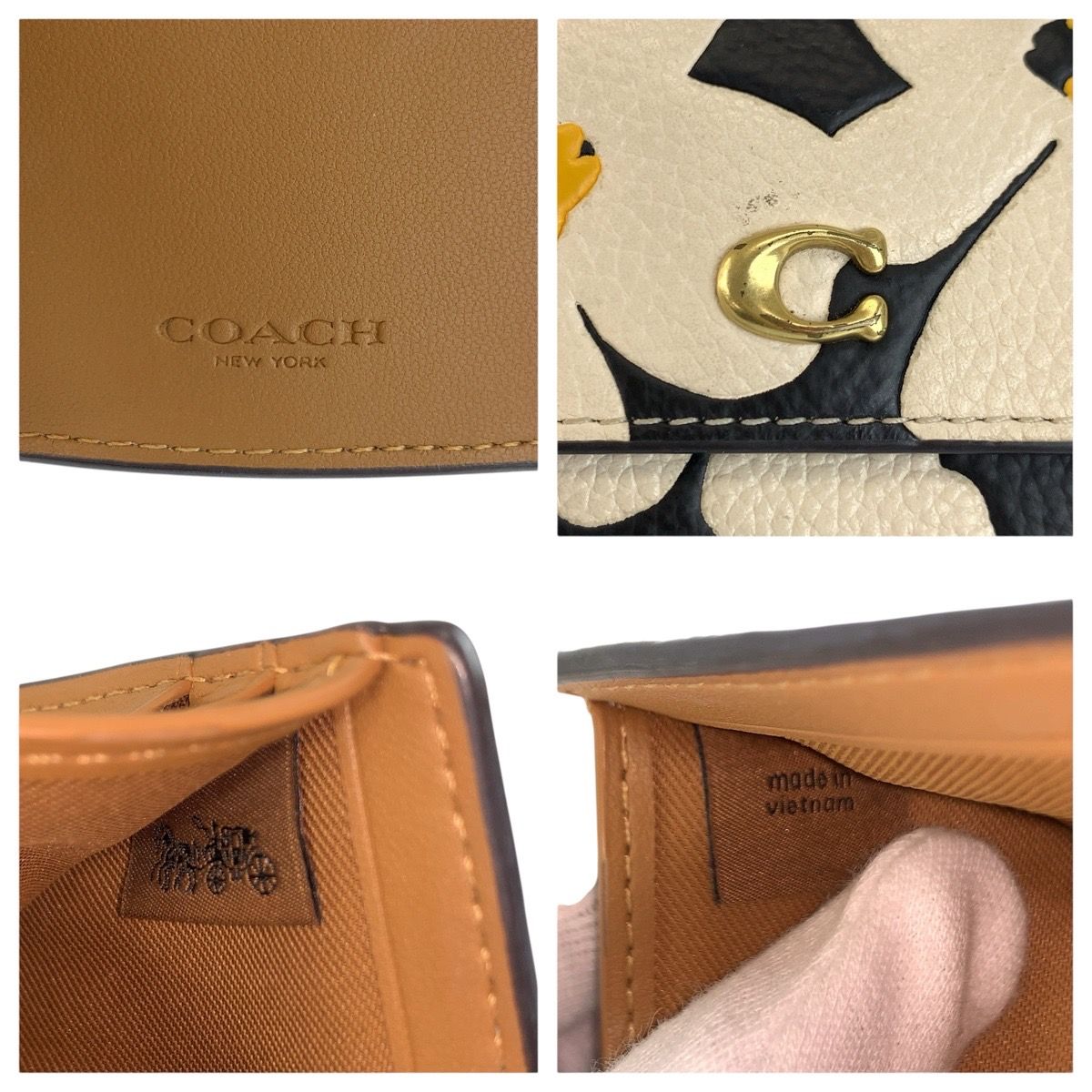 美品 COACH コーチ フローラル プリント エッセンシャル ミニ トライフォールド ウォレット ブラック ホワイト ゴールド金具 レザー 折り財布 コンパクトウォレット レディース 601992 【中古】 美品 COACH コーチ フローラル プリント エッセンシャル ミニ トライ