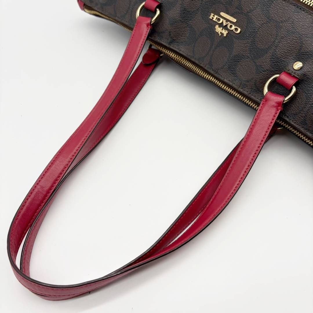 コーチ COACH トートバッグ シグネチャー ブラウン レッド PVC レザー