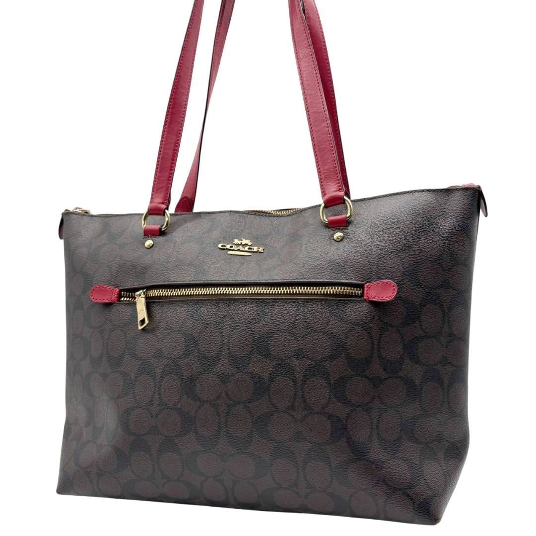 コーチ COACH トートバッグ シグネチャー ブラウン レッド PVC レザー