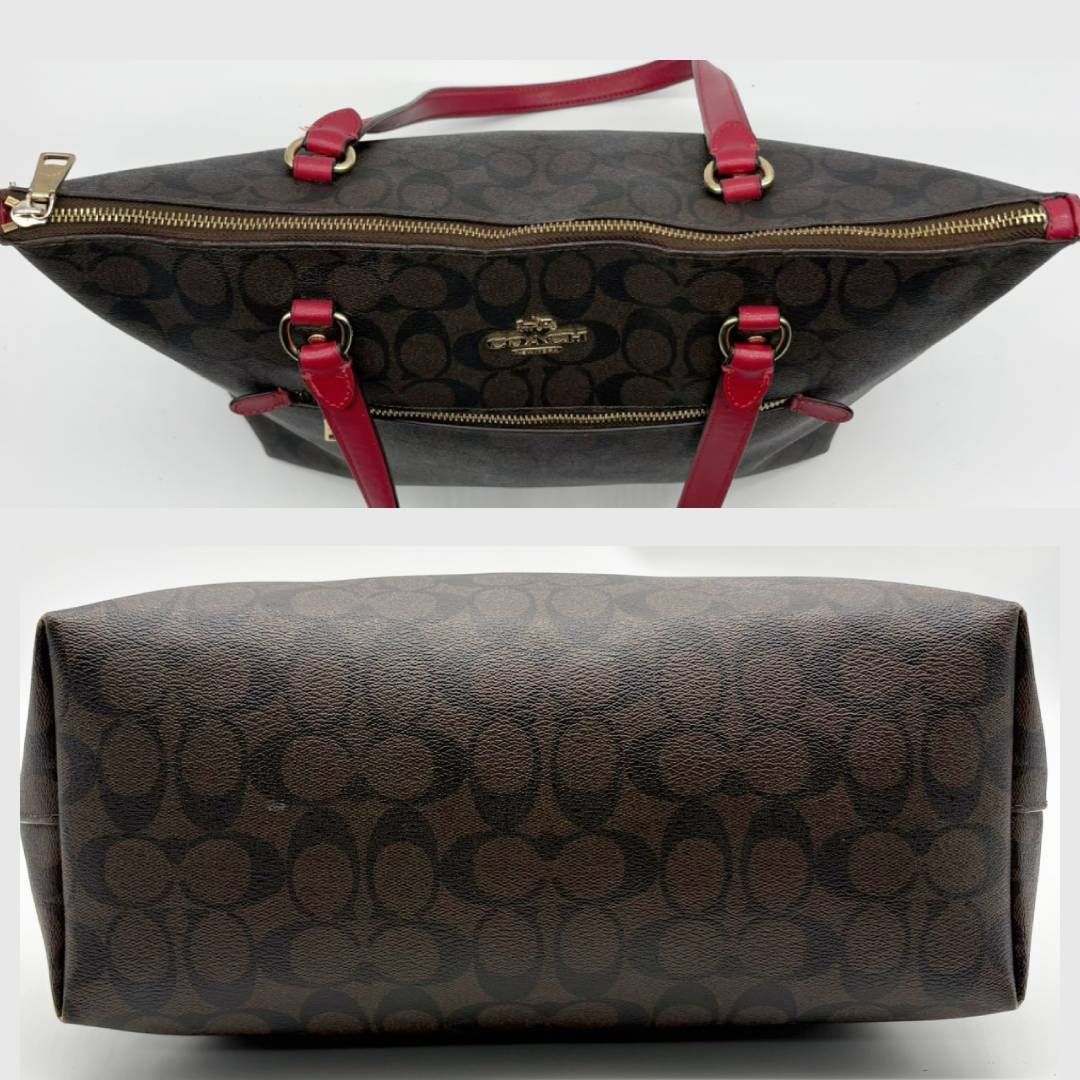 コーチ COACH トートバッグ シグネチャー ブラウン レッド PVC レザー