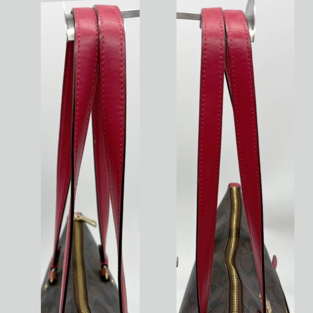 コーチ COACH トートバッグ シグネチャー ブラウン レッド PVC レザー