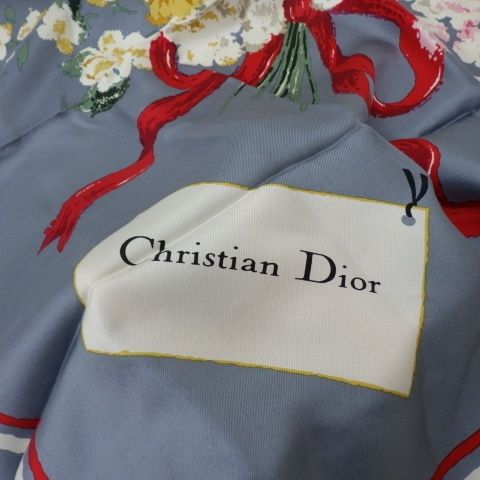 クリスチャンディオール Christian Dior スカーフ ブルー系 花柄 花束