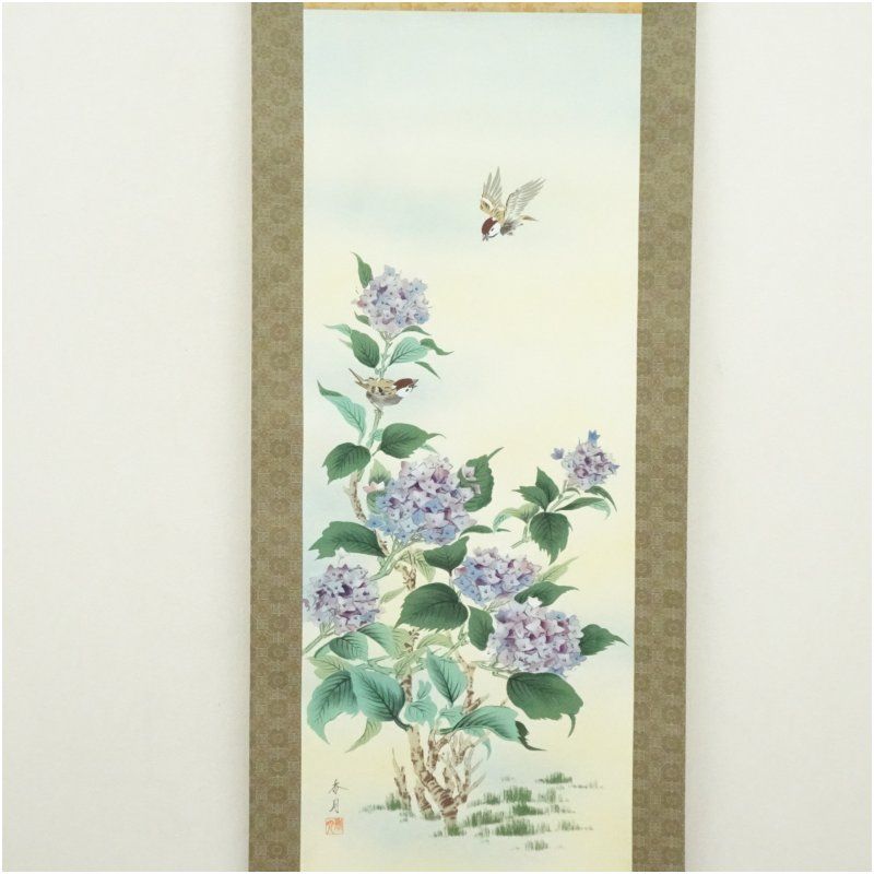 K8 根本雪蓬 「薔薇図」 掛軸 日本画 絹本 共箱 10年保証 掛け軸 開運画 吉祥四季花図 根本葉舟 尺3 - 絵画や壁掛け