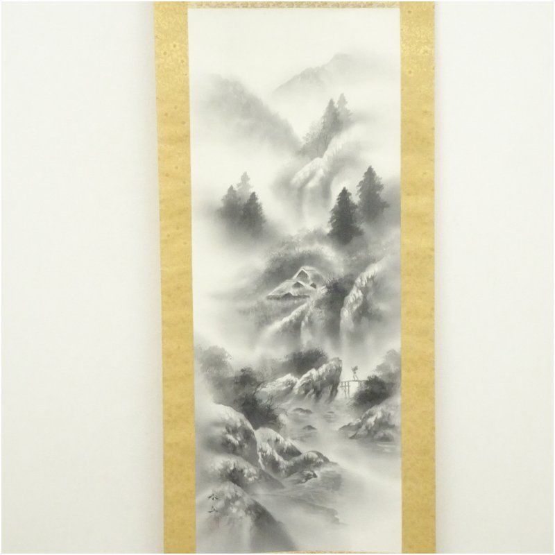 茶室飾り 壁掛『山水風景人物画』肉筆 絹本 木製額入 茶道具★時代物★ 若枹筆 水墨山水 肉筆絹本掛軸 掛け軸 床の間 書 おしゃれ 絵画 表具