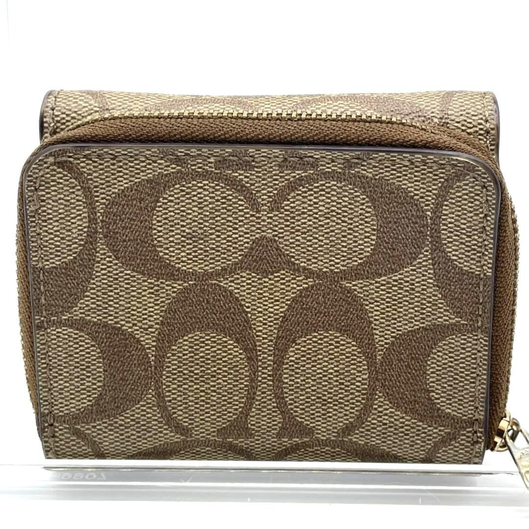 コーチ COACH 三つ折り財布 シグネチャー PVC レザー ブラウン ピンク 