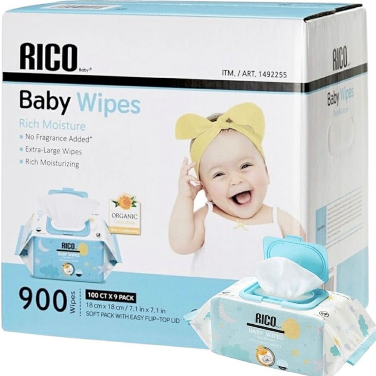 RICO お尻拭き 900枚入り（100枚入り×9袋） Baby Wipes コストコ オーガニック 赤ちゃん用 高保湿成分配合 大容量 厚手 Costco コストコ