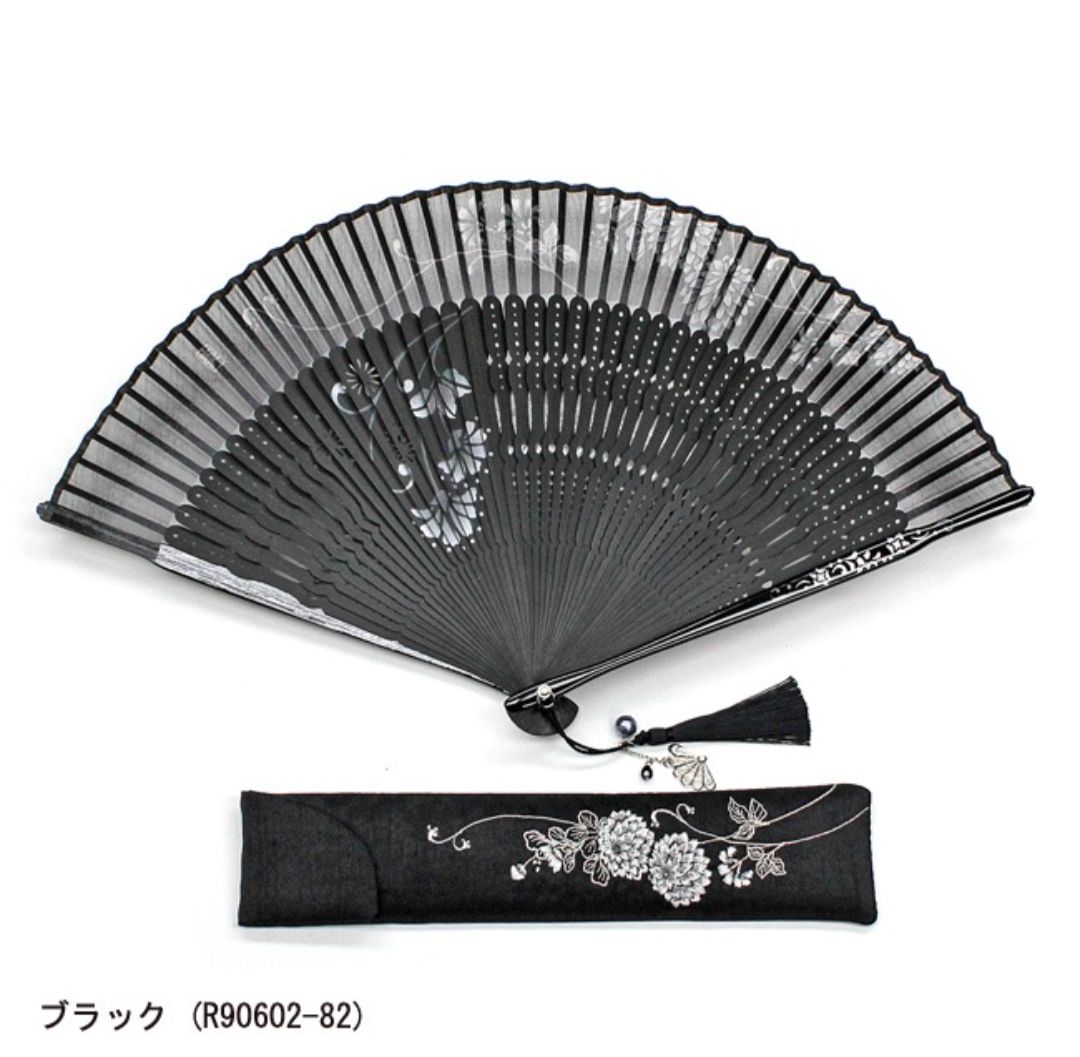 【新品】高級 女性用扇子 鏡花 ブラック 桐箱・扇子袋付き 絹 シルク 浴衣 和装