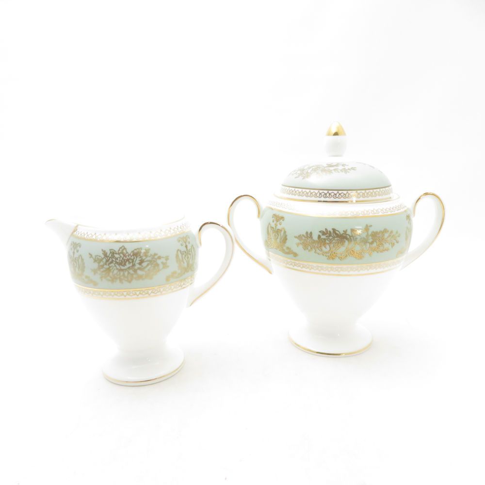 美品 WEDGWOOD ウェッジウッド コロンビア セージグリーン シュガーポット クリーマー 2点 セット 砂糖 クリーム ミルク 黒壺 英国 SU14036T1