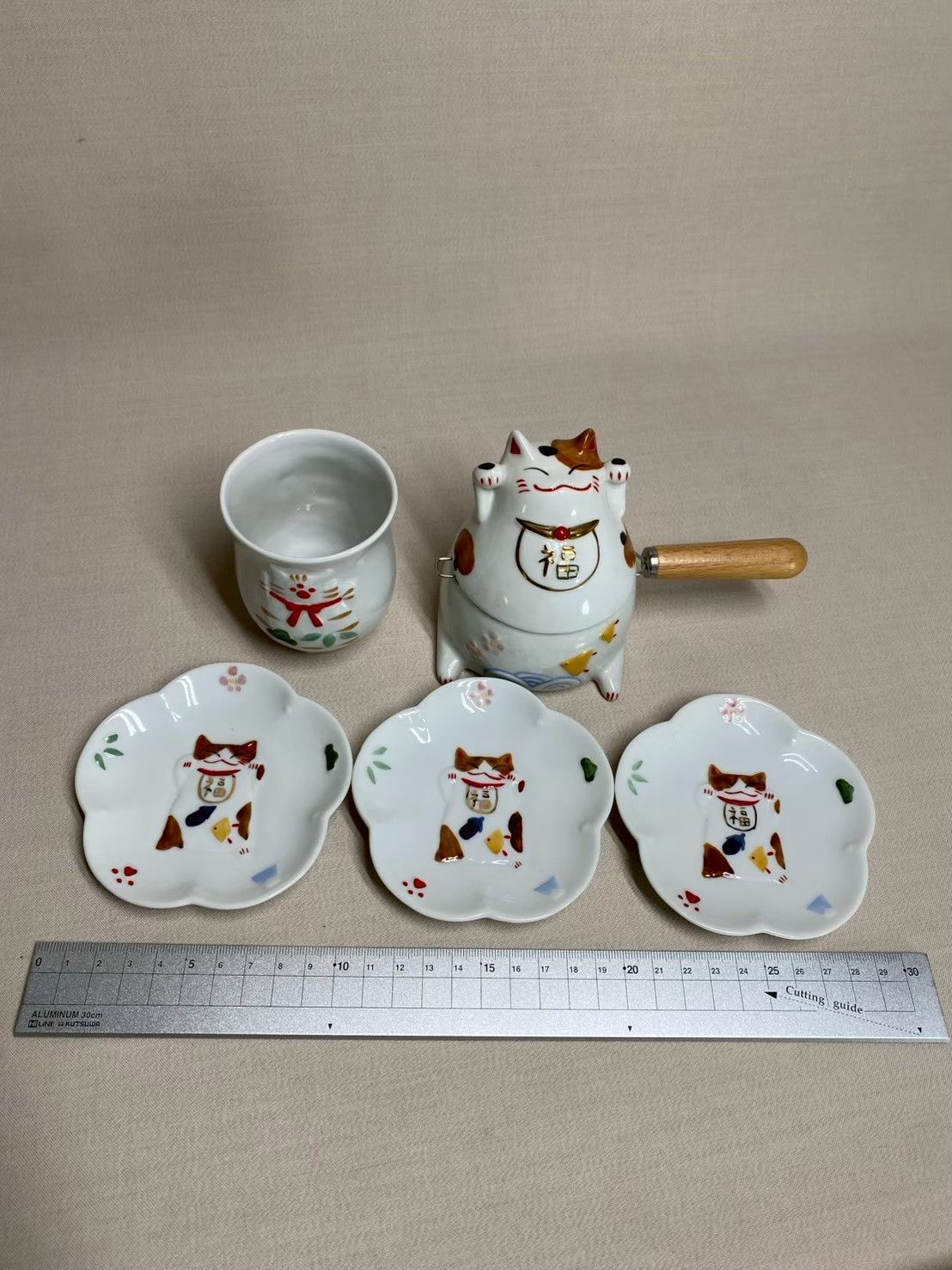 猫舎道楽堂本舗 美品☆招き猫 急須 湯呑み 小皿 5点セット 陶器 茶器