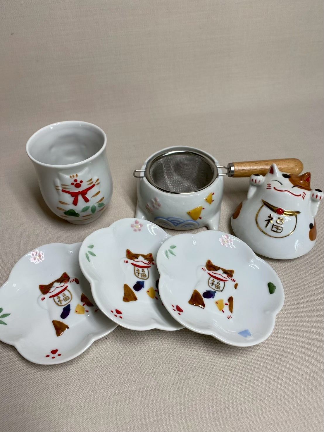猫舎道楽堂本舗 美品☆招き猫 急須 湯呑み 小皿 5点セット 陶器 茶器