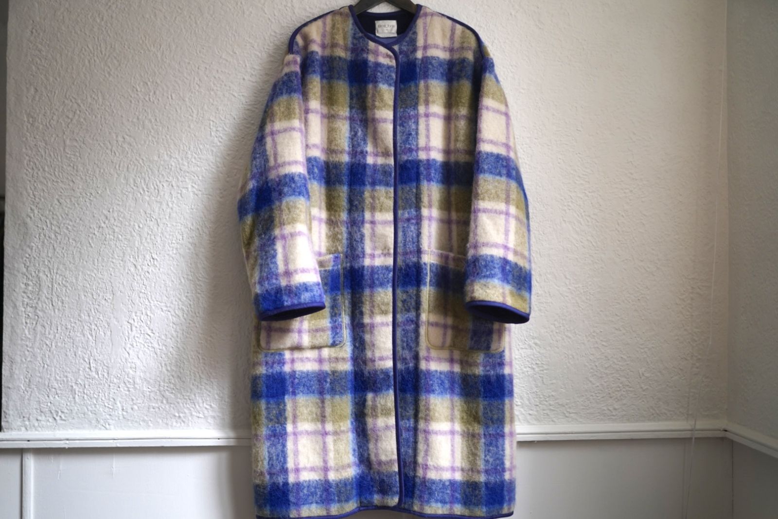 21AW モヘヤアルパカノーカラーチェックロングコート / forte_forte 