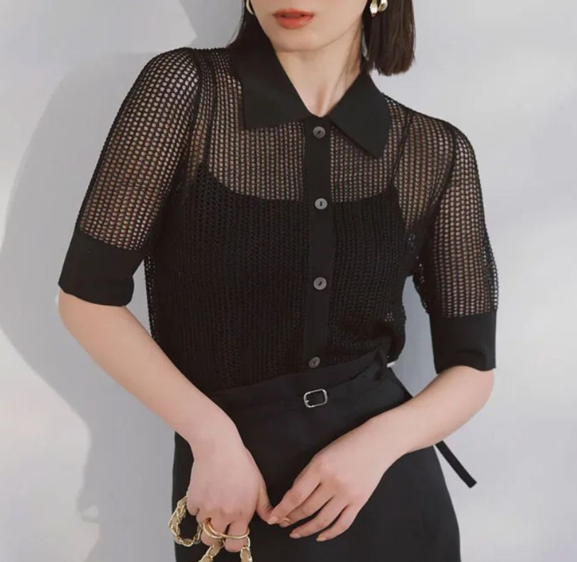 anuansラメメッシュハーフスリーブニットポロシャツBLACK 1524411037