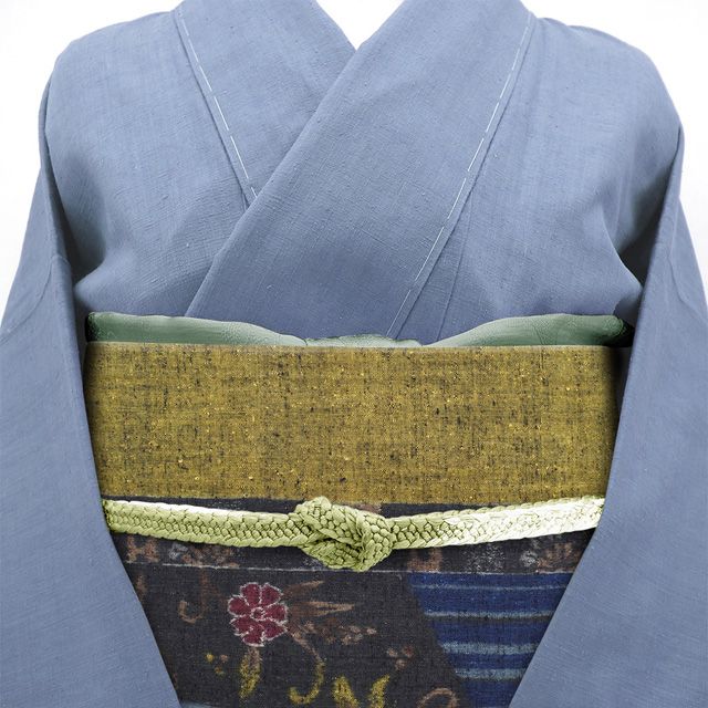 名古屋帯 紬 格子 緑色 紺色 正絹 六通柄 九寸帯 カジュアル 仕立て上がり 着物帯 長さ350cm 【キモノオフ野々市若松店】 5240-06788_1.jpg