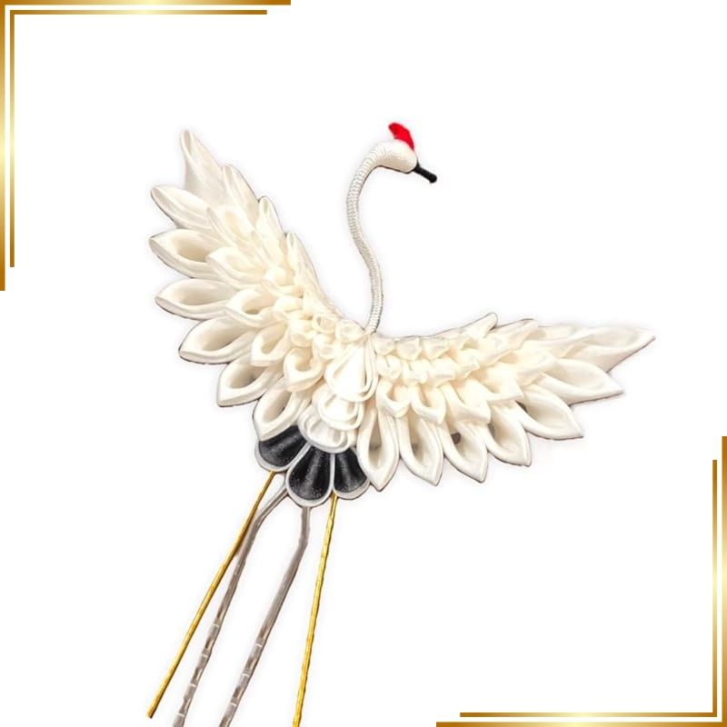 【新品】 Lulu's ルルズ つまみ細工 鶴かんざし～生成り～ Lサイズ ヘッドドレス 髪飾り 結婚式 成人式 卒業式 前撮り サイズ:羽根を広げて7.5センチ☆かんざし7センチ 鶴生成りLサイズ Lulu's-2484 0