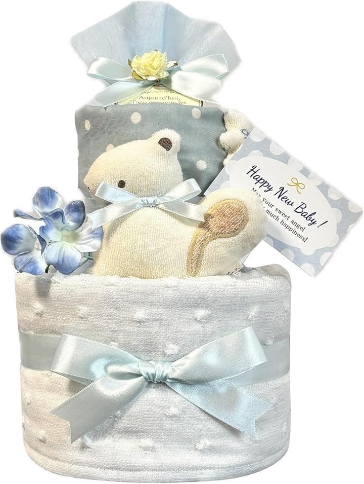 KanonBabys おむつケーキ 男の子 オーガニック スタイ 出産祝い con6001 (ブルー, 2段 Sサイズ)