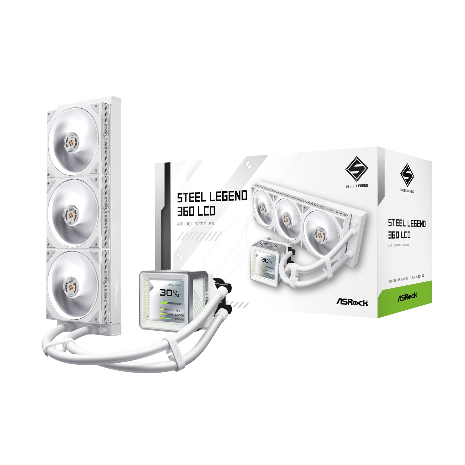Brand New ASRock Water Cooled Cooler, Steel Legend 360 LCD, 360mm, White, Simple, Water Cooled, 3.4 inch LCD Display, CPU Temperature Display Compatible, LGA1700, AM5 Compatible, Domestic Authorized Distributor