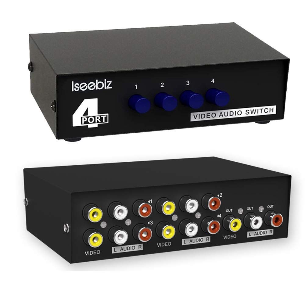 Isebiz AV Selector, RCA Switcher, 4 Inputs, 1 Output/1 Input, 4 Outputs, Bidirectional Compatible, No Power, Metal Shell, Audio/Video Selector, Compatible with VCR/DVD/Retro Game Consoles, Interference Prevention