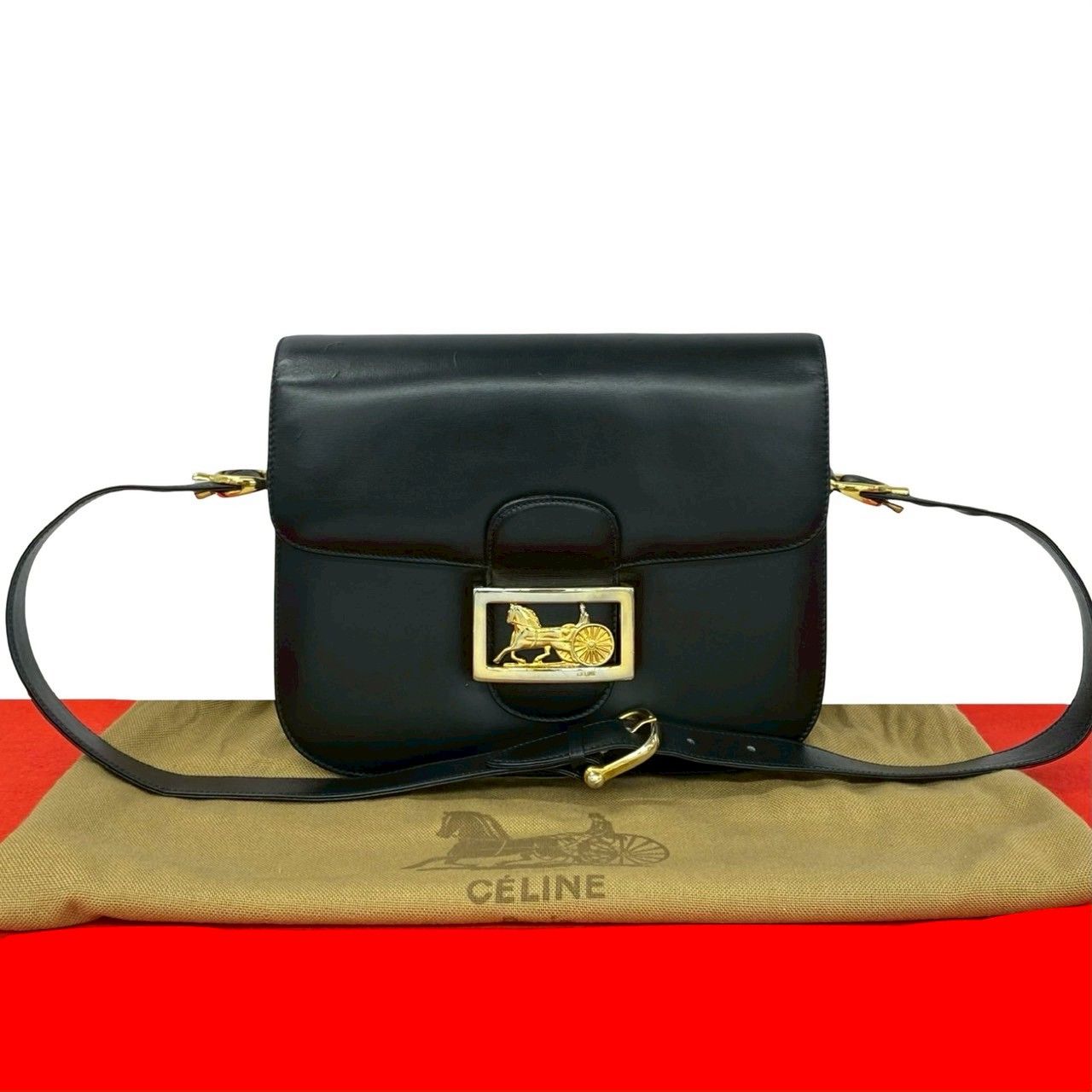 CELINE セリーヌ 馬車金具 レザー ショルダーバッグ ブラック セリーヌ 